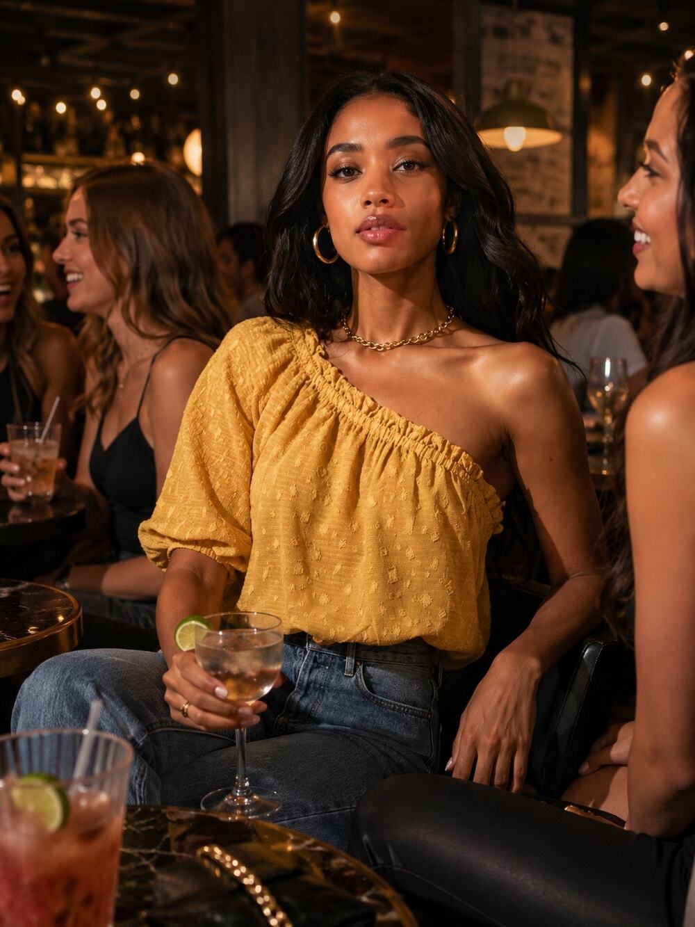 ASTR the label Jacquard One-Shoulder Bubble Hem Blouse in Mustard. NWOT